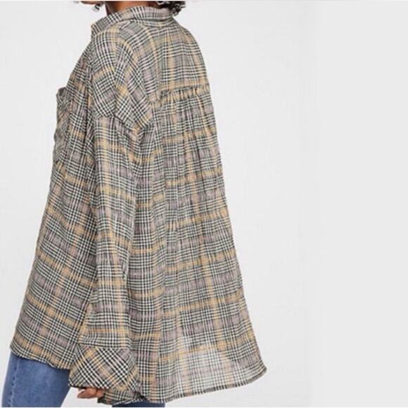 Free People Break My Stride Black/White Metallic SMALL Button Up Top Oversized - Picture 2 of 9